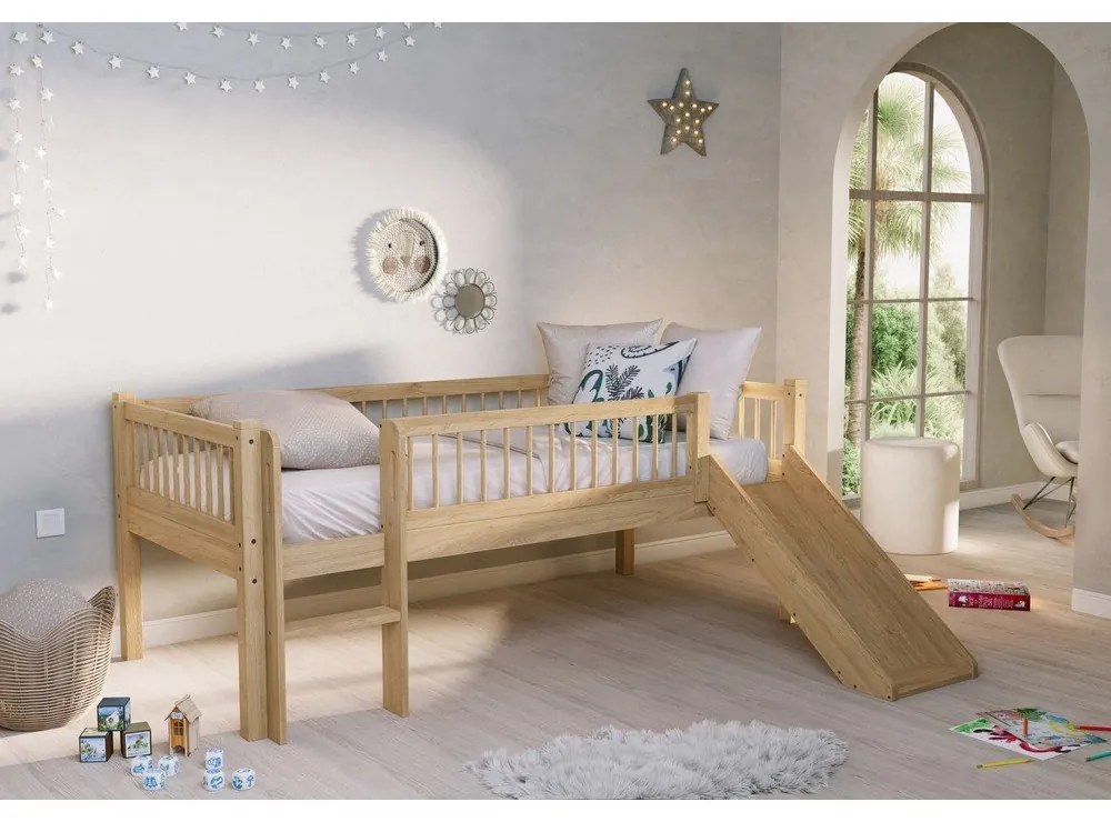 Pat pentru copii în culoare naturală înalt din lemn de fag cu tobogan cu somieră 90x200 cm Forrest – Vipack