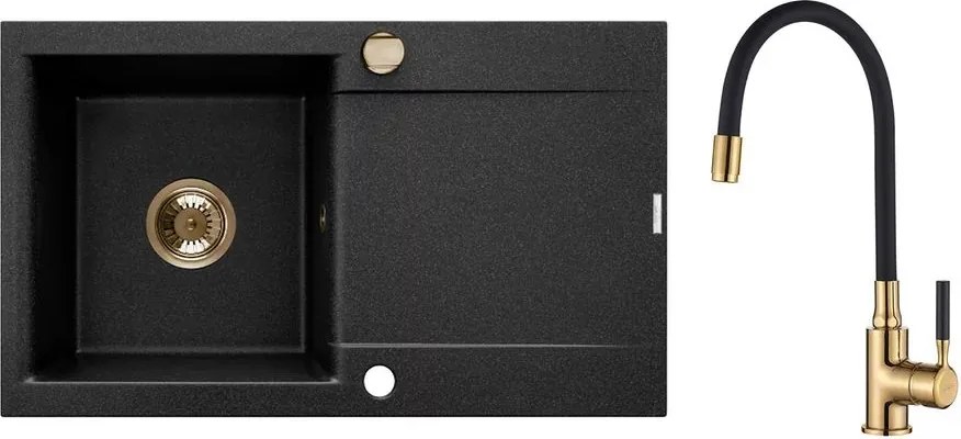 Set chiuveta bucatarie Invena Tesalia si baterie Glamour finisaj negru - auriu 76x44 cm