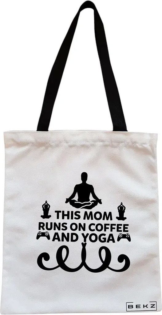 Sacosa de Panza pentru Cumparaturi, Geanta Tote, Yoga This MOM runs on coffe and yoga, Cu fermoar, 38x34.5 cm, Alba, BEKZ®