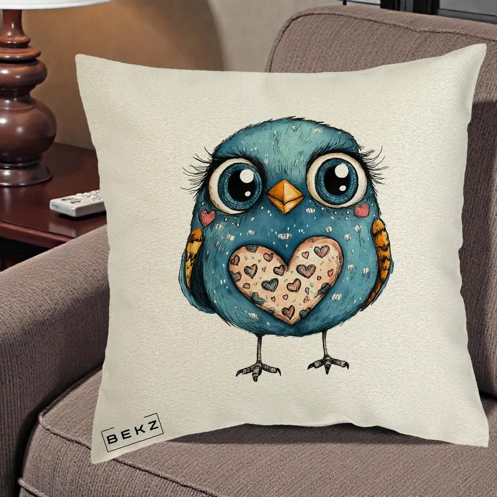 Perna Decorativa Bufnita Albastra cu Inimioare, 40x40 cm, Ecru, Husa Detasabila, Perna Inclusa, BEKZ®
