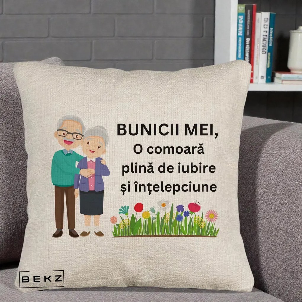 Perna personalizata bunici: Bunicii mei, o comoara, cu flori colorate, 40x40 cm cu Umplutura, Bej Canapea, BEKZ