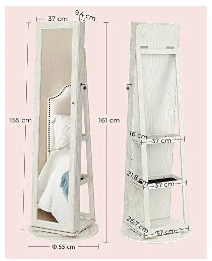 Dulap de bijuterii cu blocare, Songmics, Oglinda, JBC62W, 38 x 161 x 38 cm