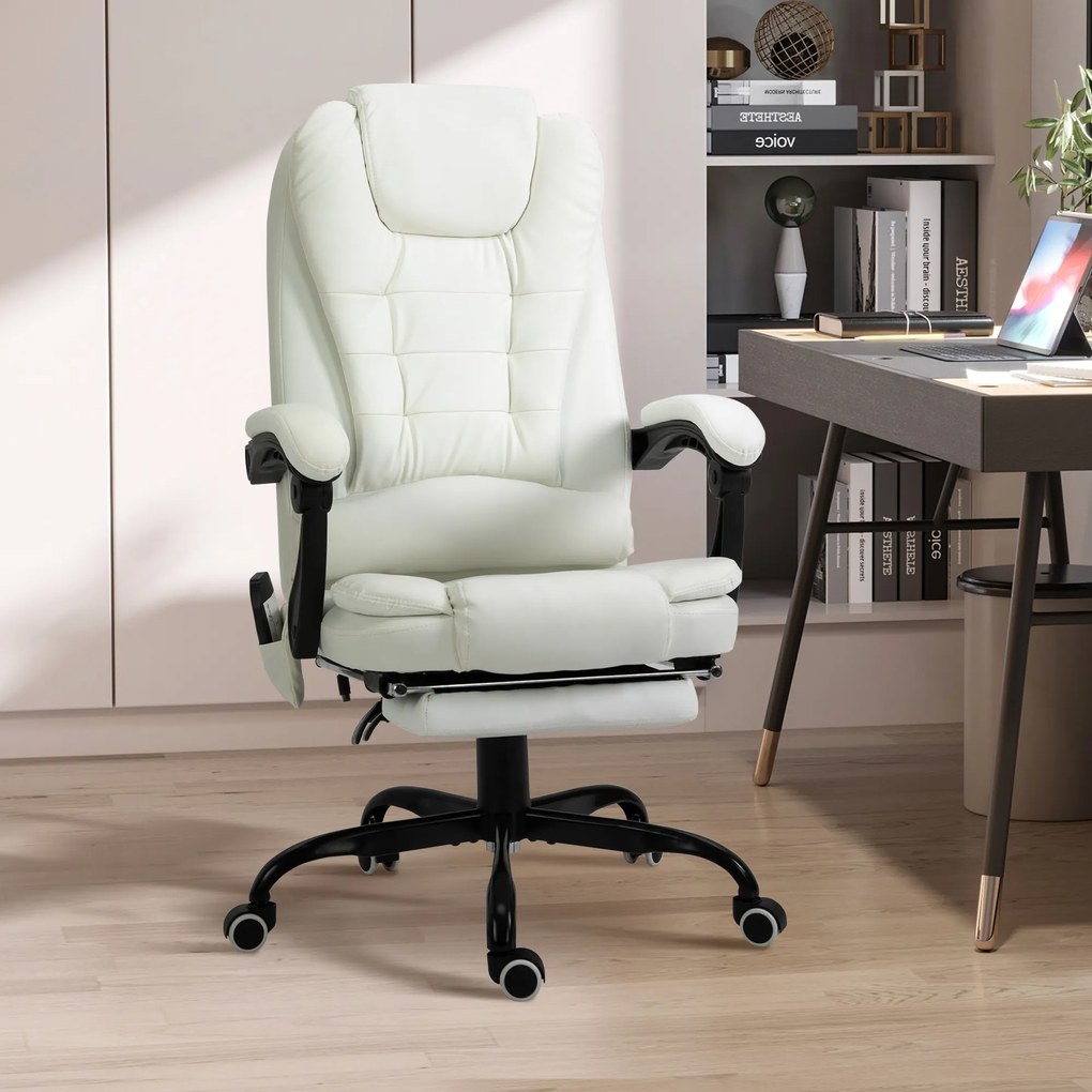 Vinsetto Scaun de birou de masaj, scaun de birou, scaun ergonomic cu înălțime reglabilă, spătar inclinabil și telecomandă cu fir, suport pentru picioare retractabil și pivotant la 360°, alb | Aosom Romania