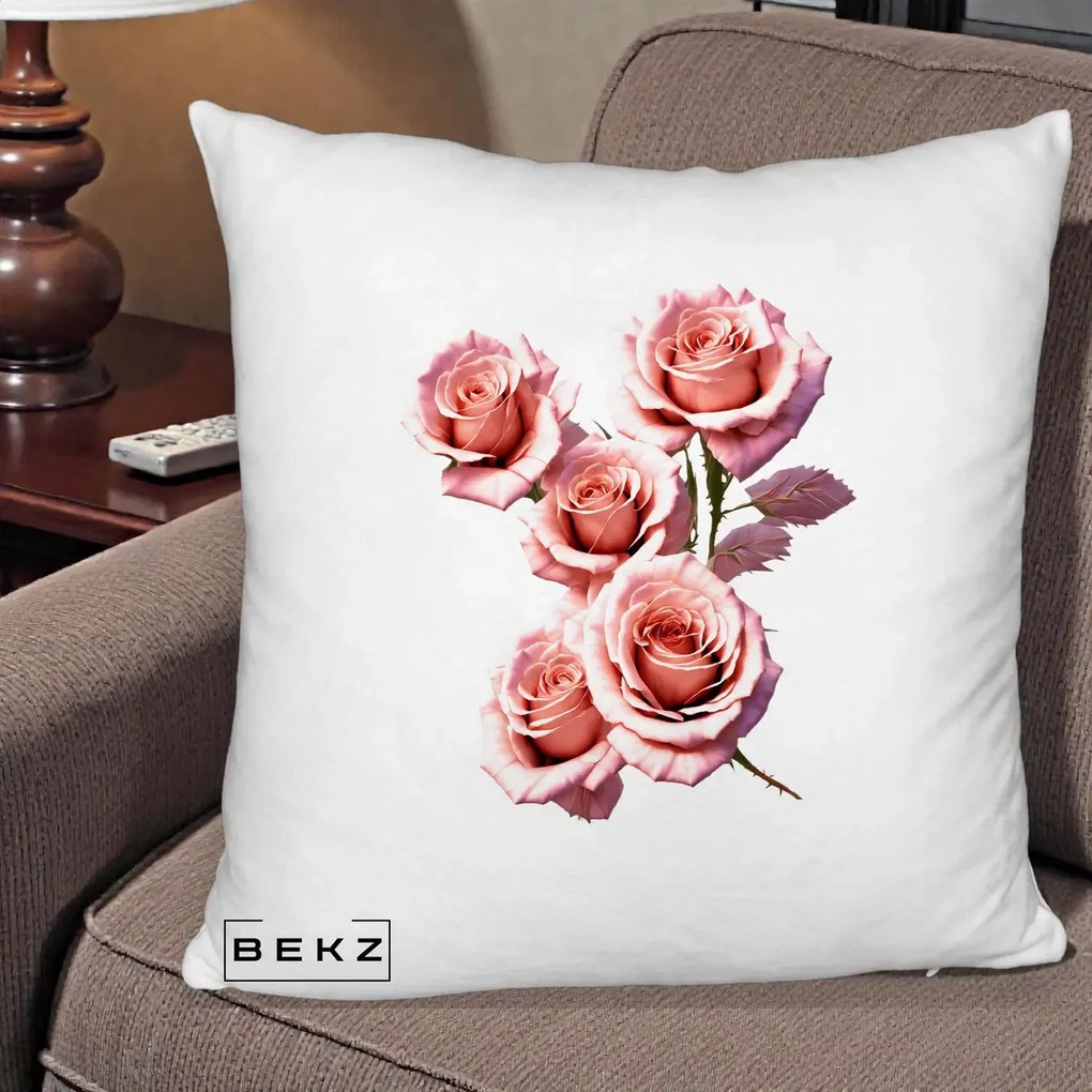 Perna Decorativa Trandafiri Roz Pastel Acuarela, 40x40 cm, Alb Pufos, Husa Detasabila, Perna Inclusa, BEKZ®