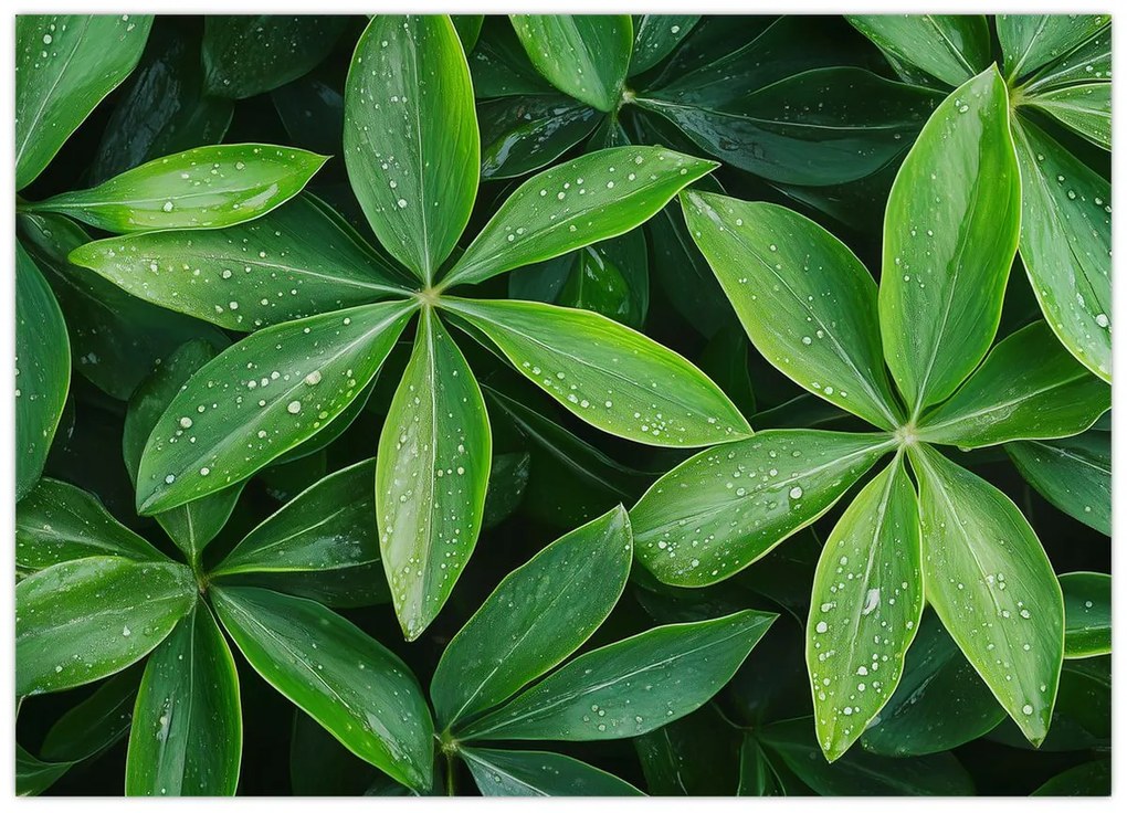 Tablou pe sticlă - Frunze cu picături de rouă (70x50 cm)