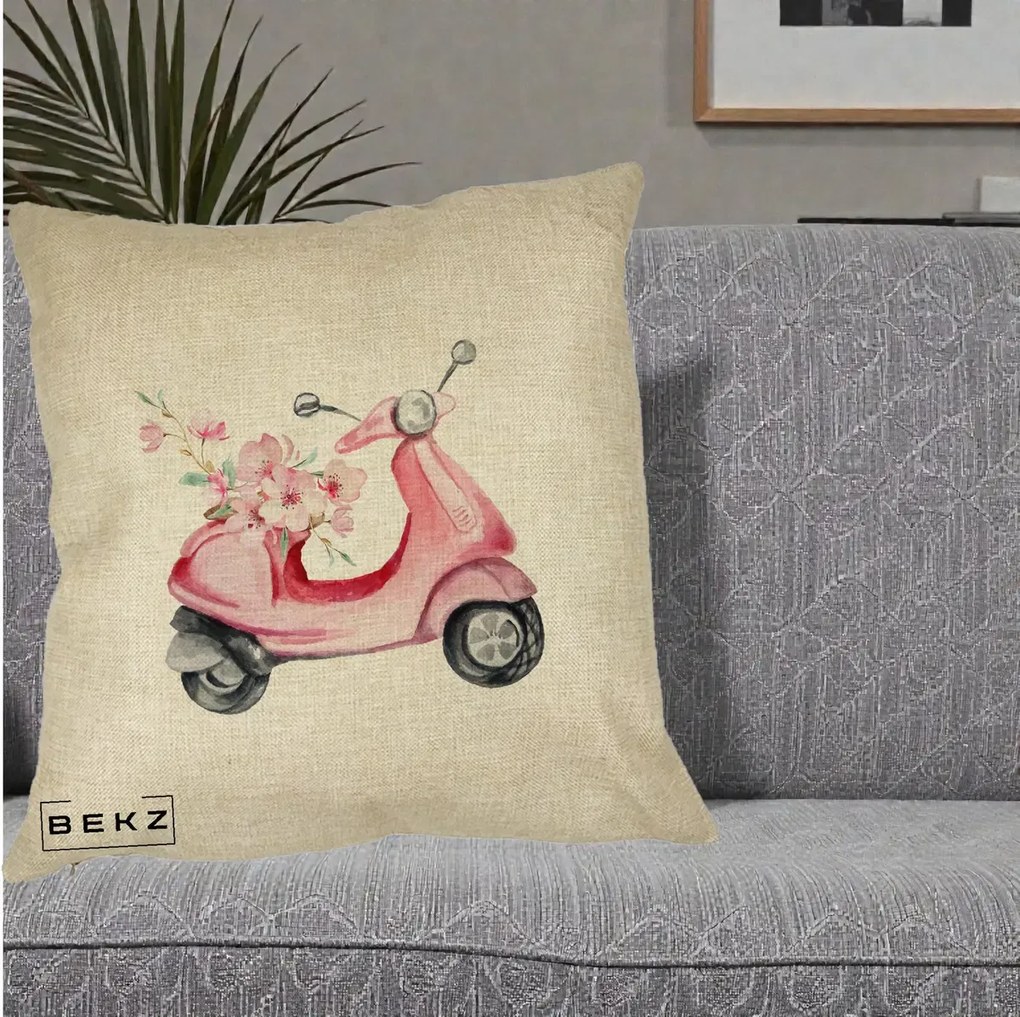 Perna Decorativa Scuter Roz cu Flori Acuarela, 40x40 cm, Crem, Husa Detasabila, Perna Inclusa, BEKZ®