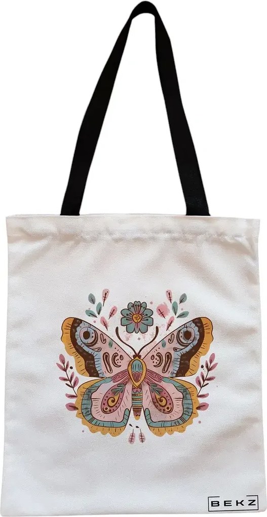 Sacosa de Panza pentru Cumparaturi, Geanta Tote, Flower Butterfly, Cu fermoar, 38x34.5 cm, Alba, BEKZ®