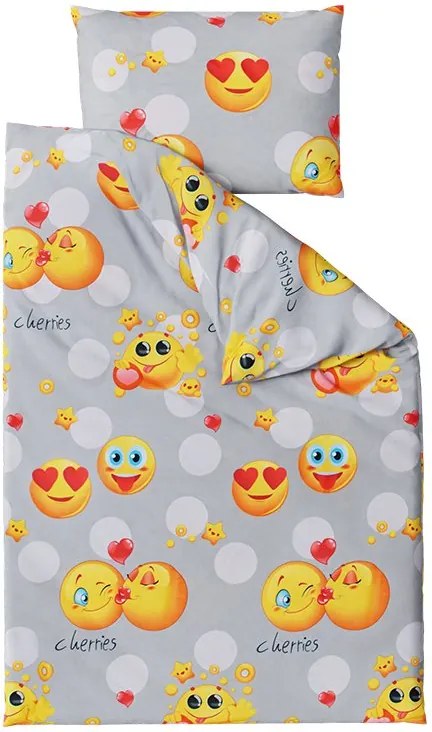 2x Lenjerie de pat din microfibra EMOJI gri + cearsaf jersey 180x200 cm alb