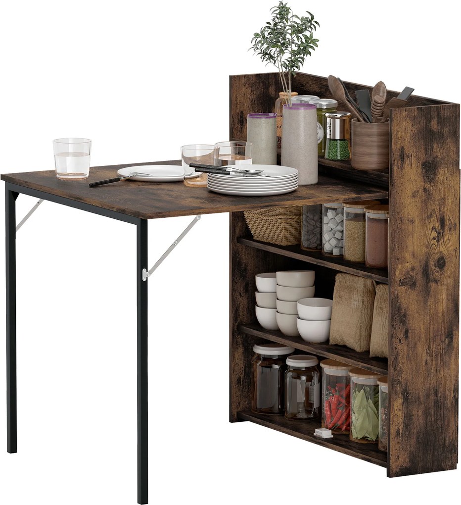 HOMCOM Masă pliabilă cu raft, design industrial, economisire de spațiu, pentru spații mici, 80x90x93cm, Maro-Rustic | Aosom Romania