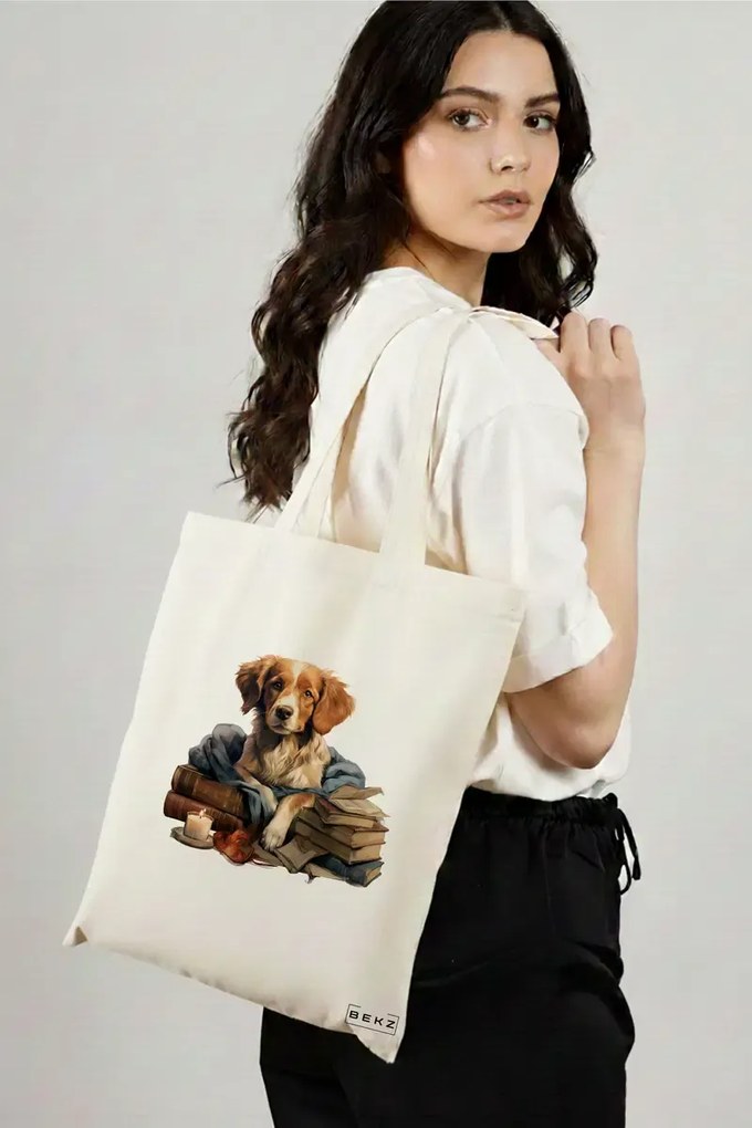 Sacosa de Panza pentru Cumparaturi, Geanta Tote, model Reading puppy 13 38 x 34.5 cm, Alba, BEKZ®