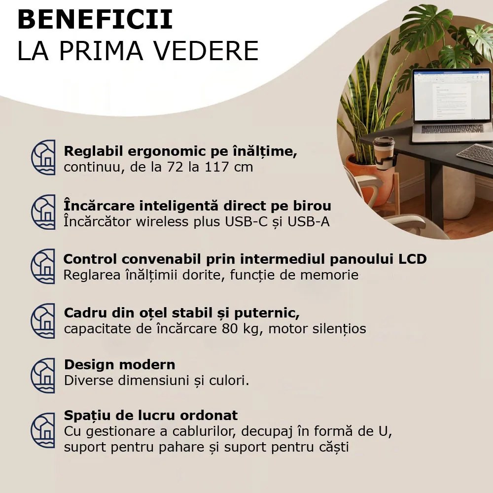 Birou de birou reglabil pe înălțime FLEXI, 160x75x72–117cm, negru Casaria