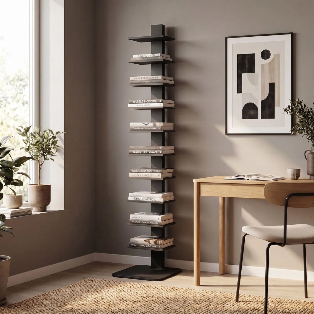 HOMCOM Bibliotecă Verticală înaltă cu 11 Rafturi, Bibliotecă Economisitoare de Spațiu Slim, Raft Industrial pentru Living, Dormitor, Birou, 34.5x41.5x163.5 cm, Negru | Aosom Romania