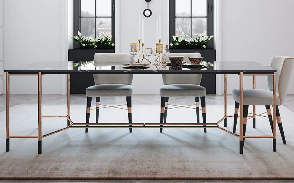Masă lemn masiv Dining Negru-Rose Gold L 240 x A 95 x H 75 cm - Marmura naturala