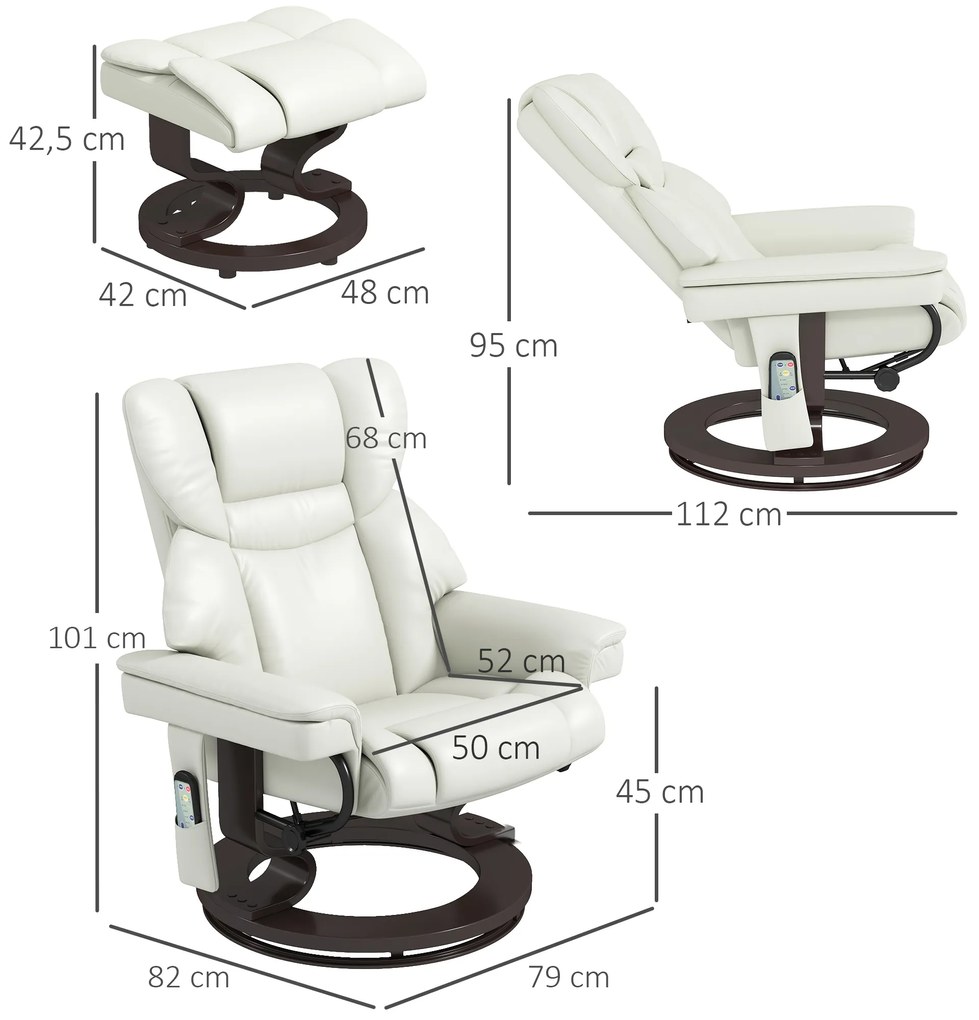 HOMCOM Fotoliu de relaxare cu funcție de masaj și taburet, scaun de dormit, piele ecologică, 79 x 82 x 101 cm, alb-crem | Aosom Romania