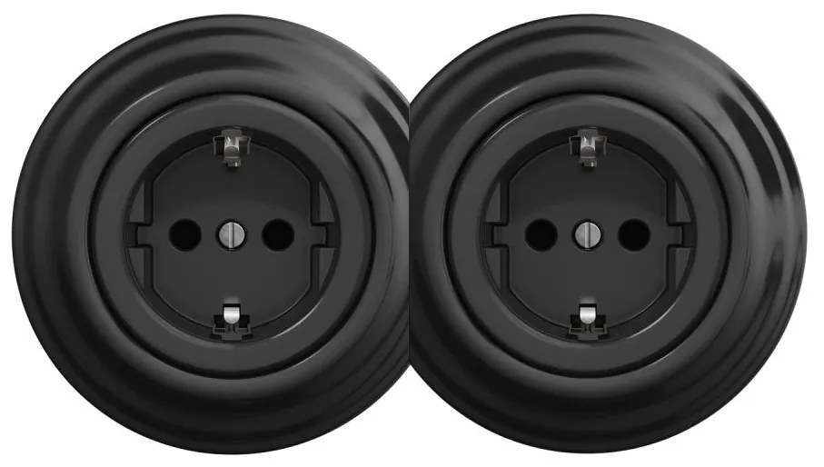 Kliklap - Priză dublă retro pentru uz casnic, cu ramă SCHUKO 230V, neagră