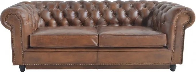 Canapea extensibilă 3 locuri Chesterfield din piele naturală cognac, cu pat pliant și ținte decorative, 102 x 220 x 102 cm, „Hargreaves”
