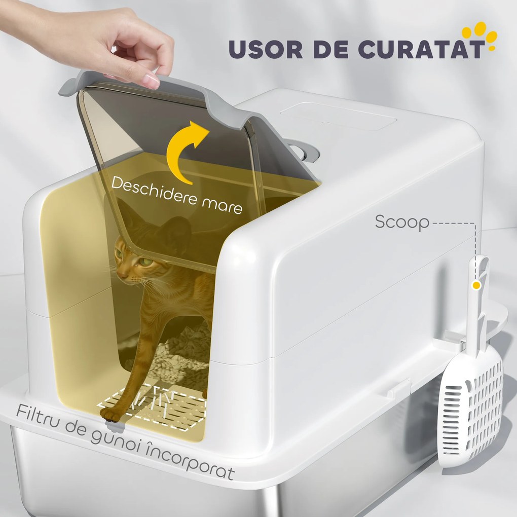 PawHut Litieră pentru pisici închisă cu tavă din oțel, lopățică și pungi filtrante, din PP, 40.5x60.5x41.5 cm | Aosom Romania