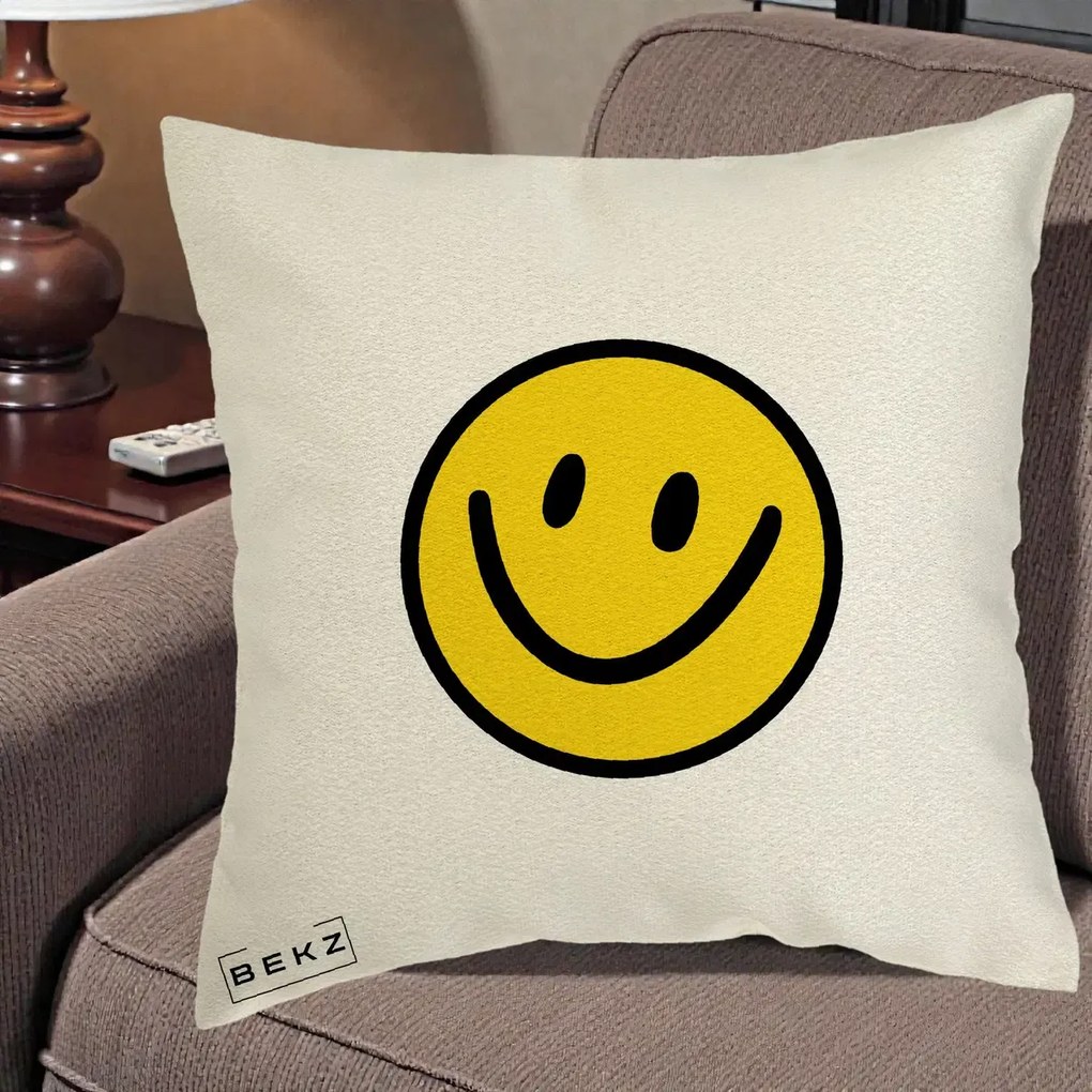 Perna Decorativa Smiley Face Galben Clasic, 40x40 cm, Ecru, Husa Detasabila, Perna Inclusa, BEKZ®
