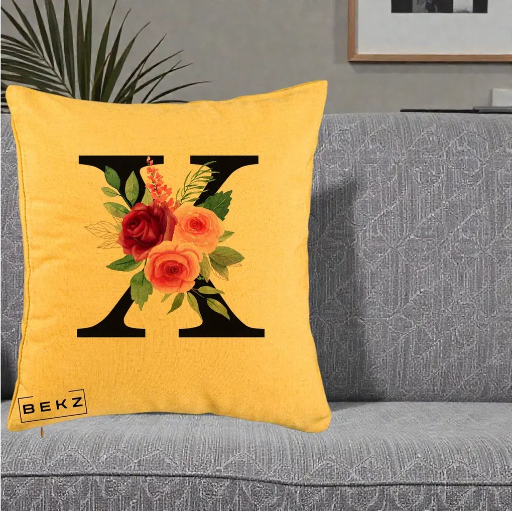 Cadou Personalizat - Perna Personalizata Monograma Florala Litera X cu Buchet, 40x40 cm, Galben, Husa Detasabila, Perna Inclusa, BEKZ®