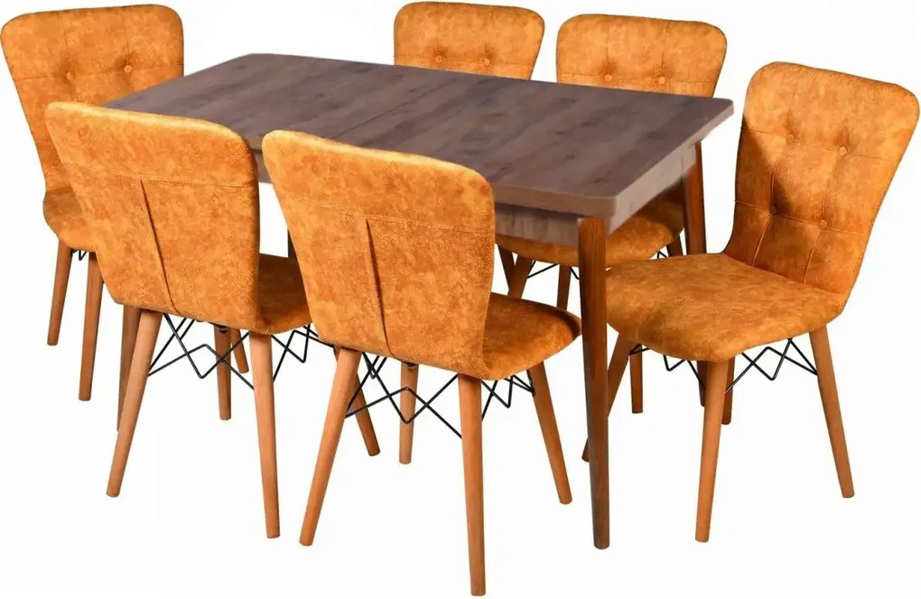 Set masa extensibila cu 6 scaune tapitate Homs cristal  nuc-mustar 170 x 80 cm