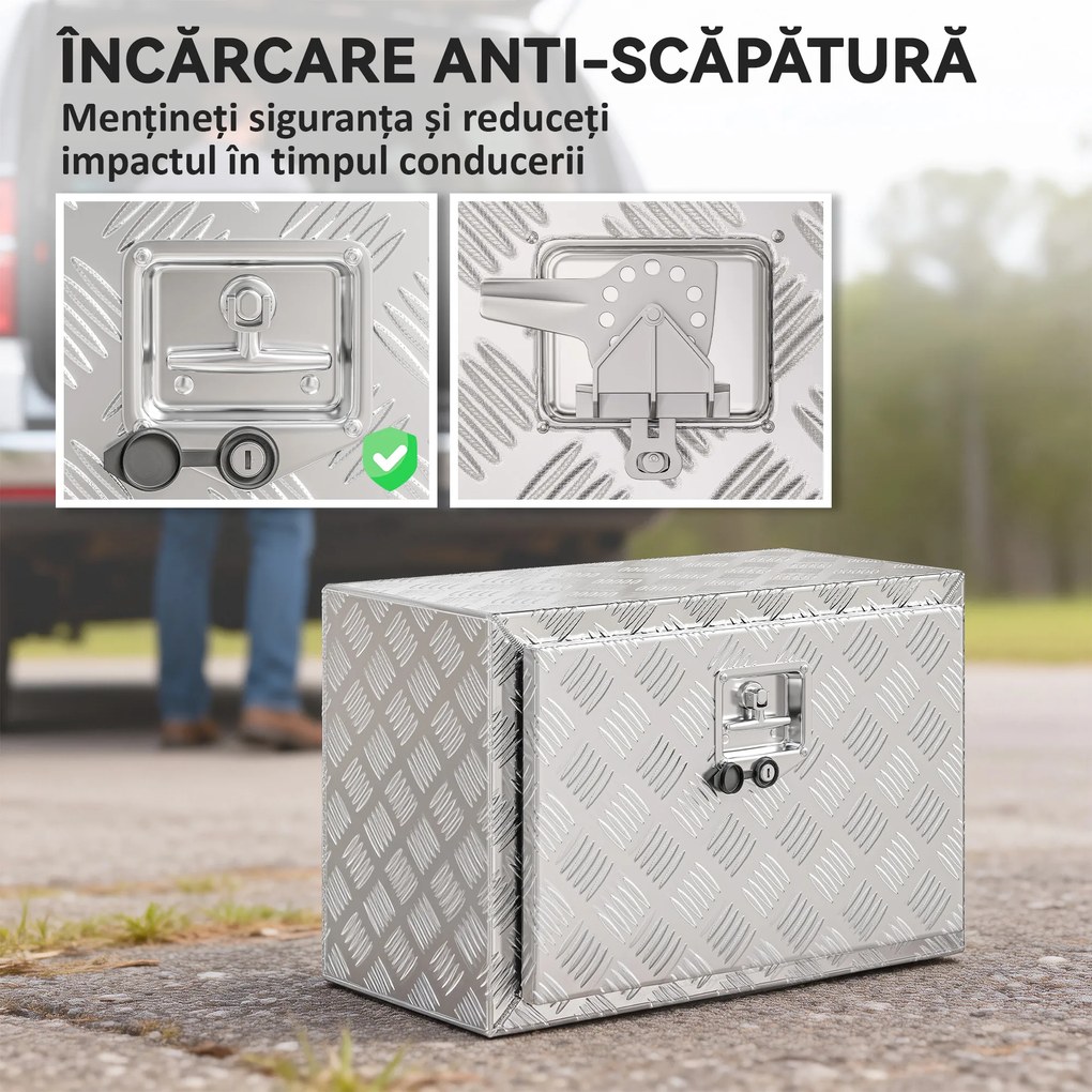 HOMCOM Cutie de Scule din Aluminiu cu Încuietoare și 2 Chei, Box de Depozitare 76L, Rezistentă și Impermeabilă, pentru Pickup Rulote Remorci, 60,9x35,5x40,6cm, Argintiu | Aosom Romania