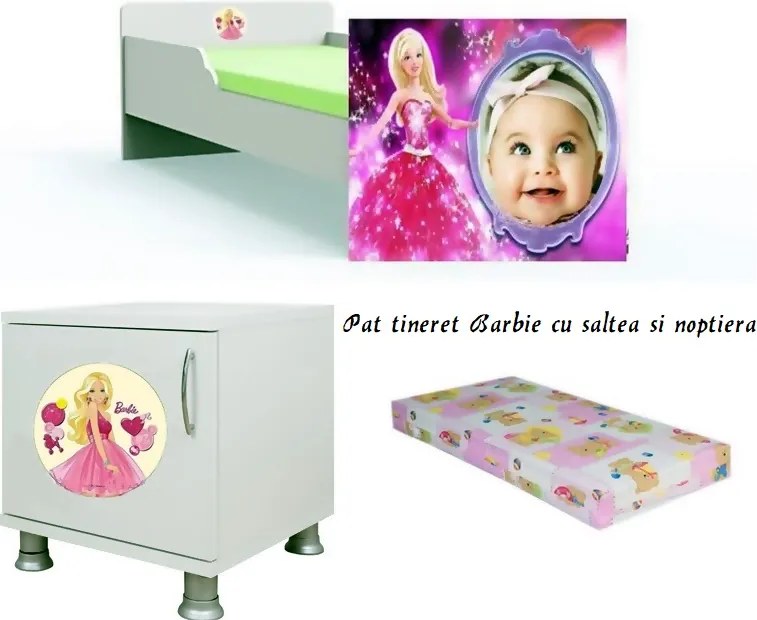 Pat tineret Barbie personalizat cu saltea si noptiera Cadou