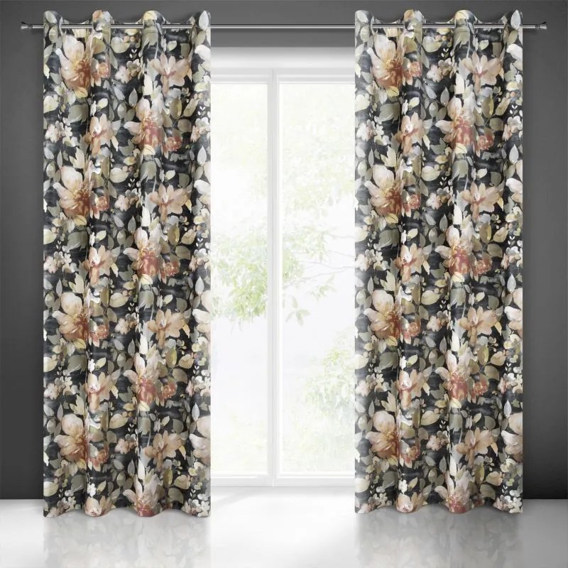 Draperie decorativă cu inele bej, opace, cu motiv floral Lungime: 250 cm