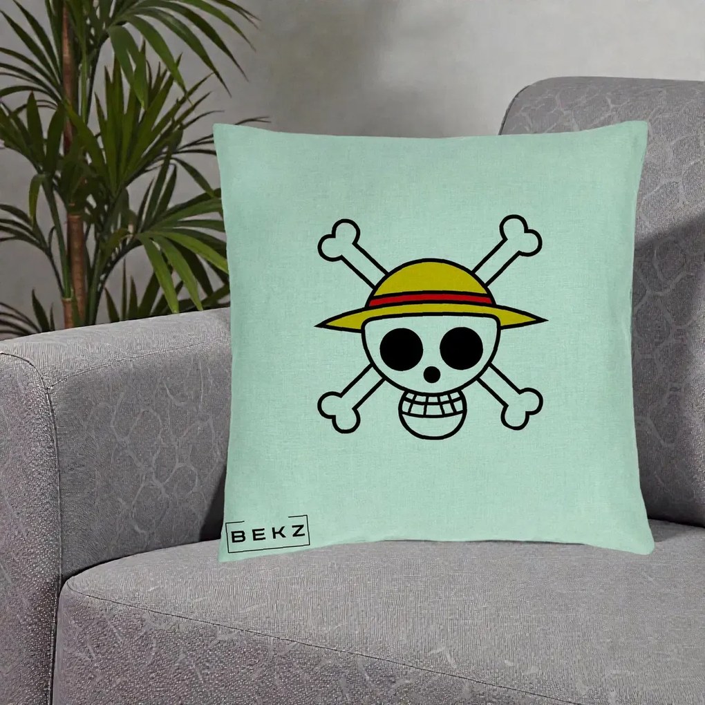 Perna Personalizata One Piece Jolly Roger Straw Hat Pirates, 40x40 cm, Verde Menta, Husa Detasabila, Perna Inclusa, BEKZ®