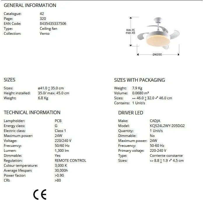 Lustra LED cu Ventilator si telecomanda, lame retractabile Mini Vento alb