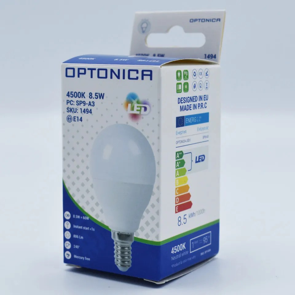 Bec LED sferic 8.5W(54W) Optonica, E14, G45, 800 lm, lumina neutra (4500K), opal, clasa energetica F