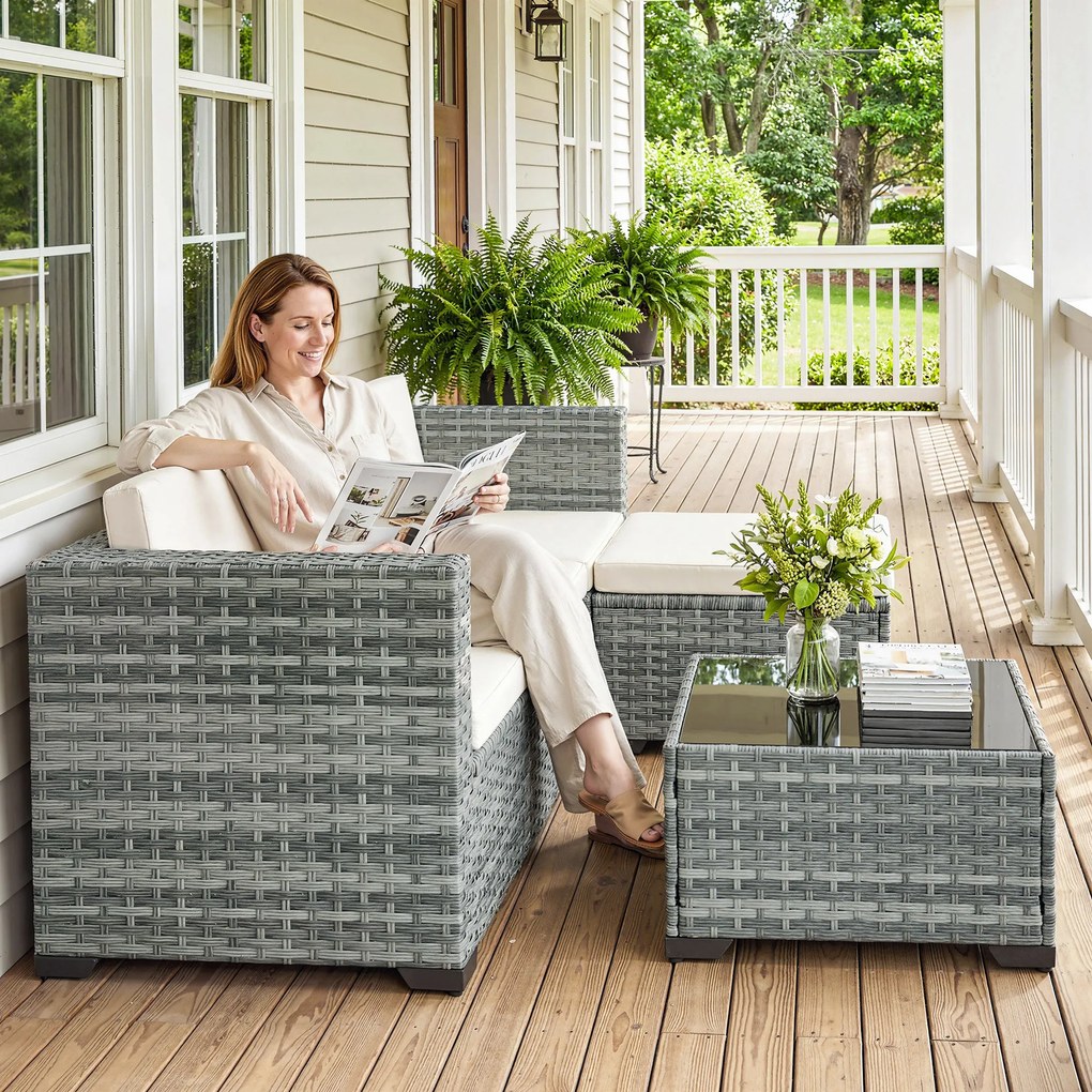 Outsunny Set mobilier grădină Polyrattan 5 piese, set lounge cu colțar, taburet, masă și perne pentru șezut și spate Gri+Cremeweiß | Aosom Romania