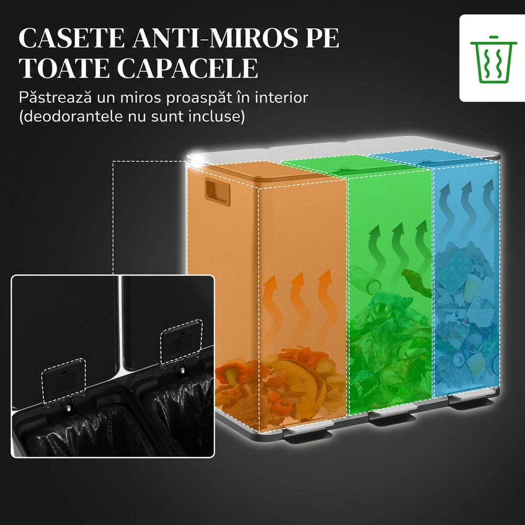 HOMCOM Pubelă de reciclare 45L cu 3 compartimente și închidere silențioasă, din oțel inoxidabil și PP, 61.9x36.6x43.2 cm, argintiu | Aosom Romania