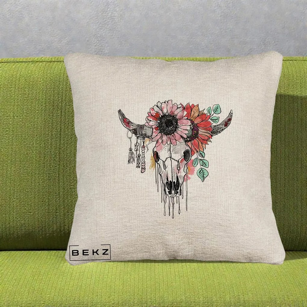 Perna Decorativa Craniu Boho Floral, 40x40 cm, Bej Canapea, Husa Detasabila, Perna Inclusa, BEKZ®