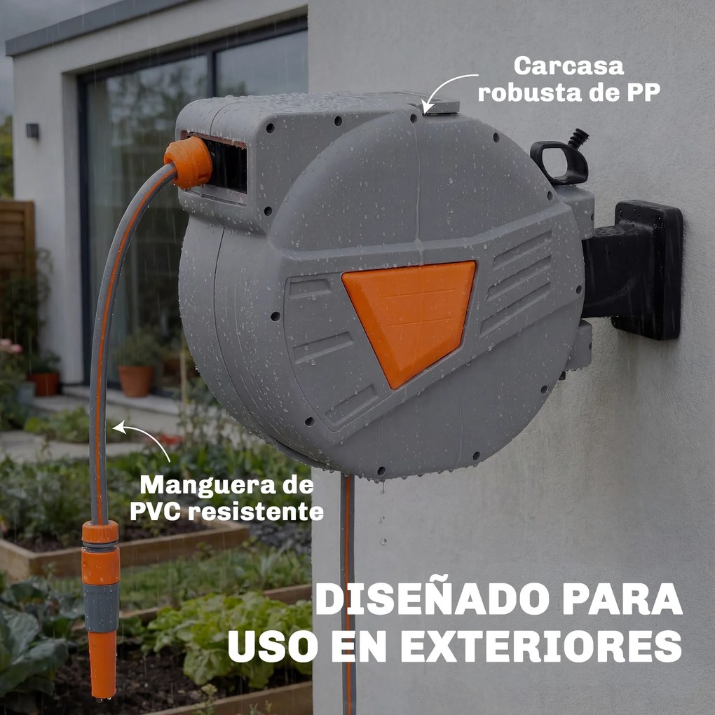 Outsunny Bobină furtun retractabil 20+1,6 m cu duză 2 moduri, blocare automată, retragere controlată, suport, Portocaliu | Aosom Romania