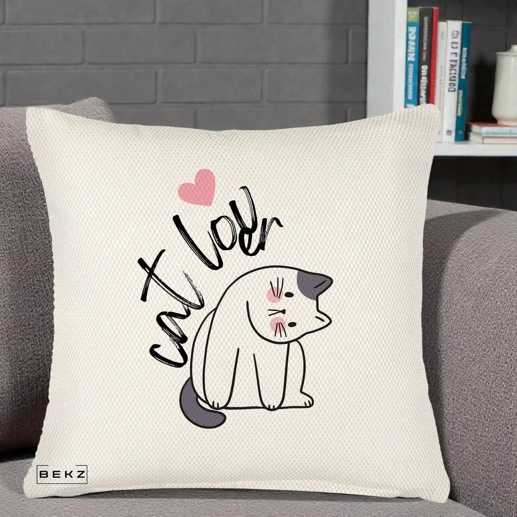 Perna Personalizata Cat Lover Pisica Ilustratie Linie, 40x40 cm, Crem Reliefat, Husa Detasabila, Perna Inclusa, BEKZ®
