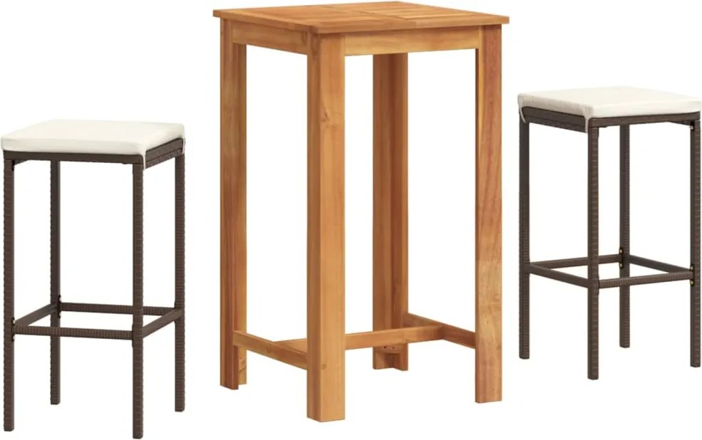 vidaXL Set bar de grădină, 3 piese, maro, lemn masiv acacia/ poliratan