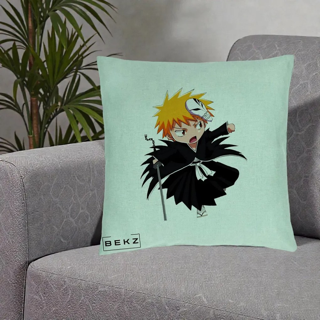 Perna Personalizata Bleach Ichigo Chibi cu Masca, 40x40 cm, Verde Menta, Husa Detasabila, Perna Inclusa, BEKZ®