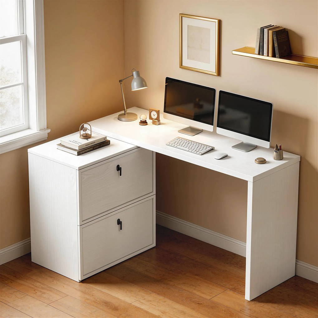 HOMCOM Birou reversibil în formă de L cu 2 sertare pentru arhivă Design modern pentru spații mici Birou alb | Aosom Romania