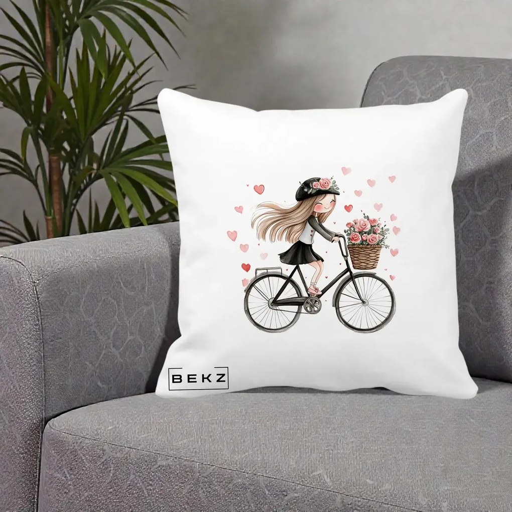 Perna Decorativa Fetita Kawaii pe Bicicleta cu Trandafiri si Inimioare, 40x40 cm, Alba Mata, Husa Detasabila, Perna Inclusa, BEKZ®