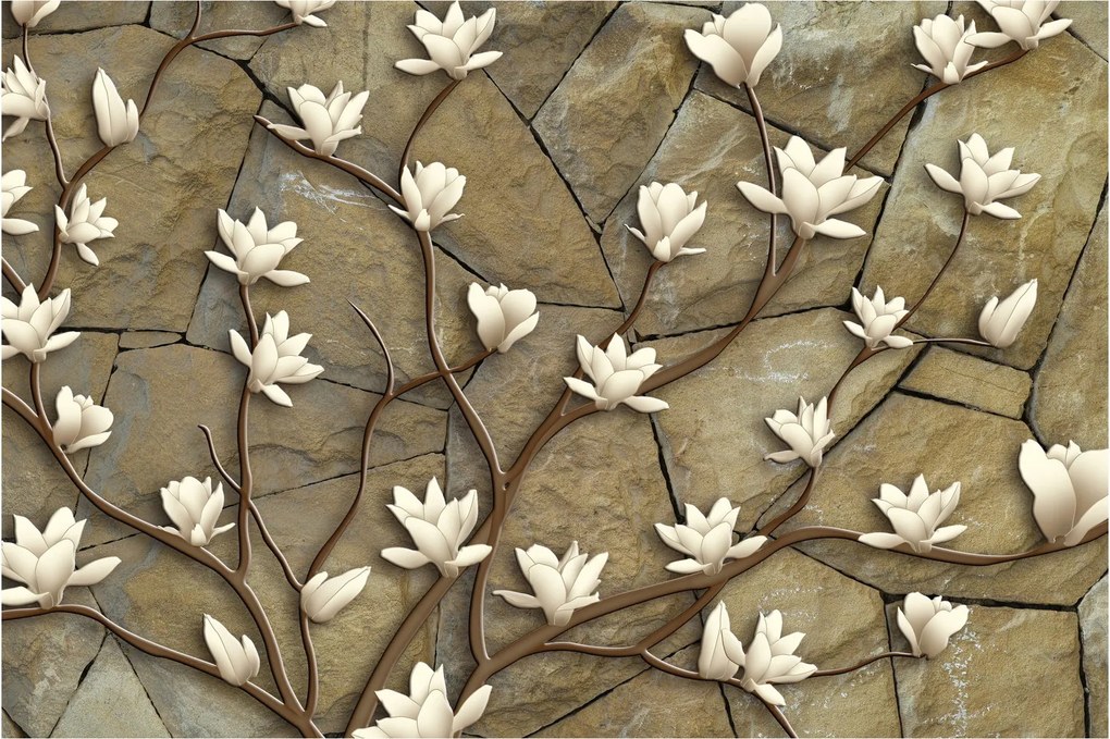 Tablou - Magnolii albe pe zidărie de piatră (90x60 cm)