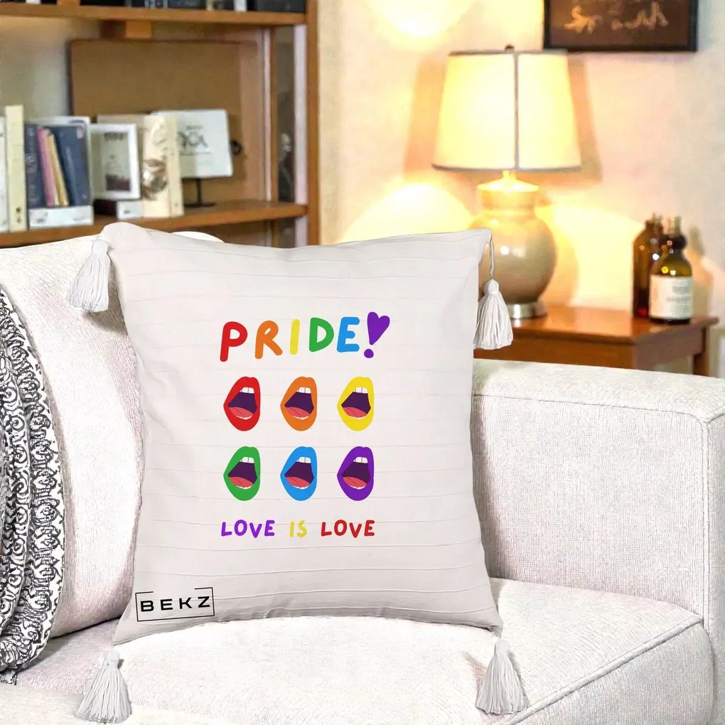 Perna Personalizata Pride Love is Love Curcubeu, 40x40 cm, Bej cu Franjuri, Husa Detasabila, Perna Inclusa, BEKZ®