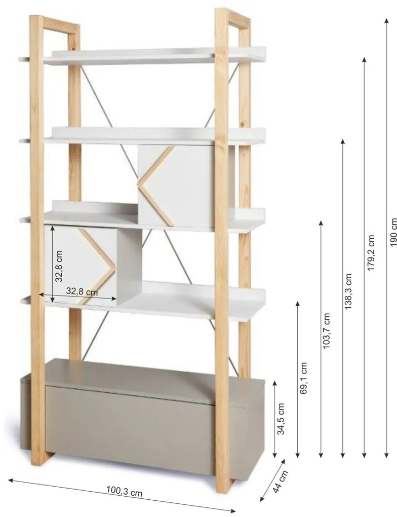 Biblioteca Pinette alb/gri/pin H190,3 cm