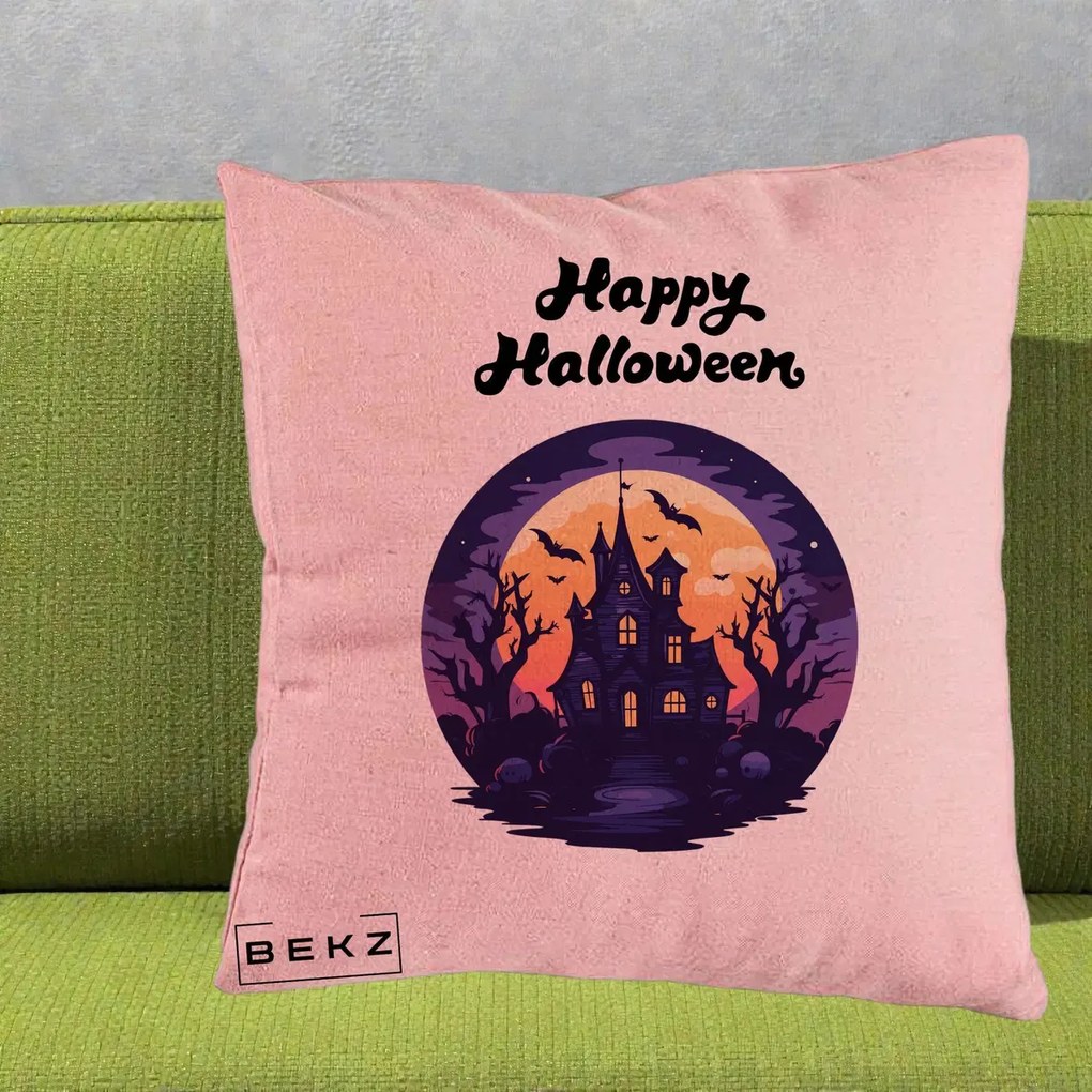 Perna Decorativa Happy Halloween Casa Bantuita Violet, 40x40 cm, Roz, Husa Detasabila, Perna Inclusa, BEKZ®