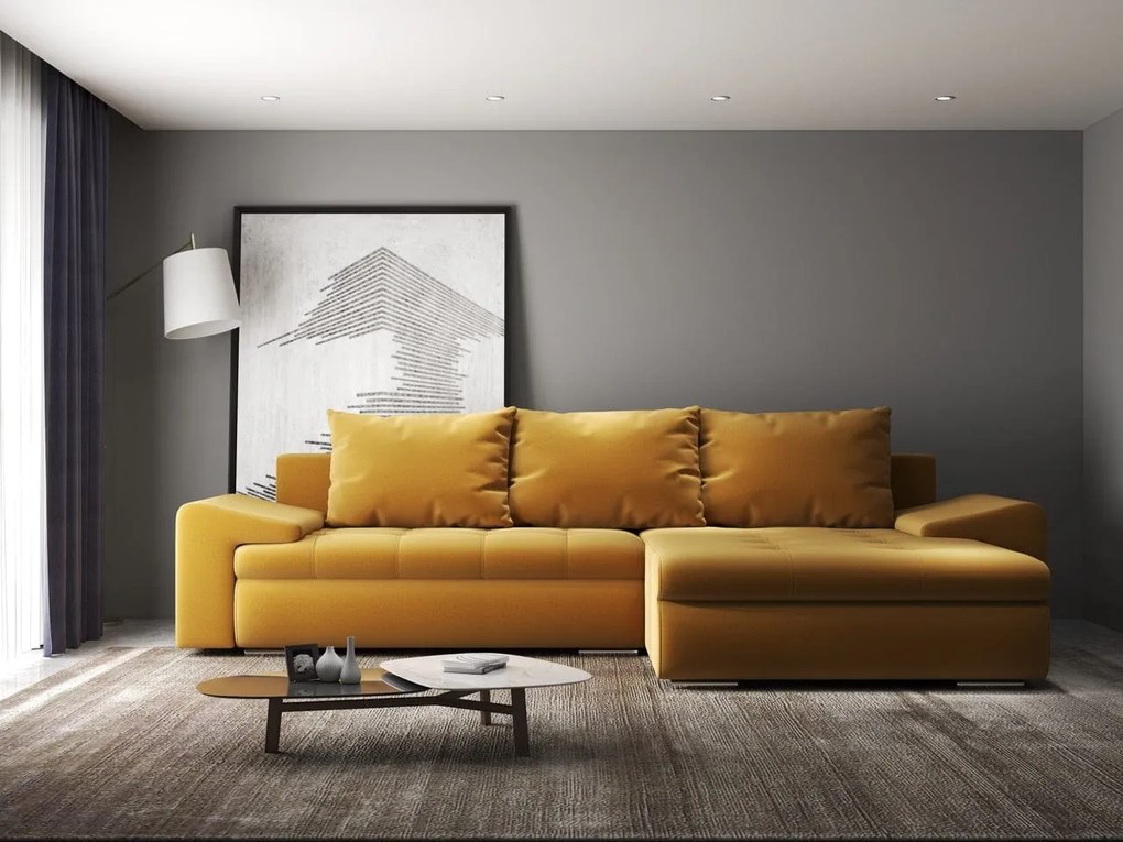 Colțar extensibil dumonde cu ladă de depozitare si sezut confortabil din spuma high-density, Leonardo Royal Mustar 260x185 cm II