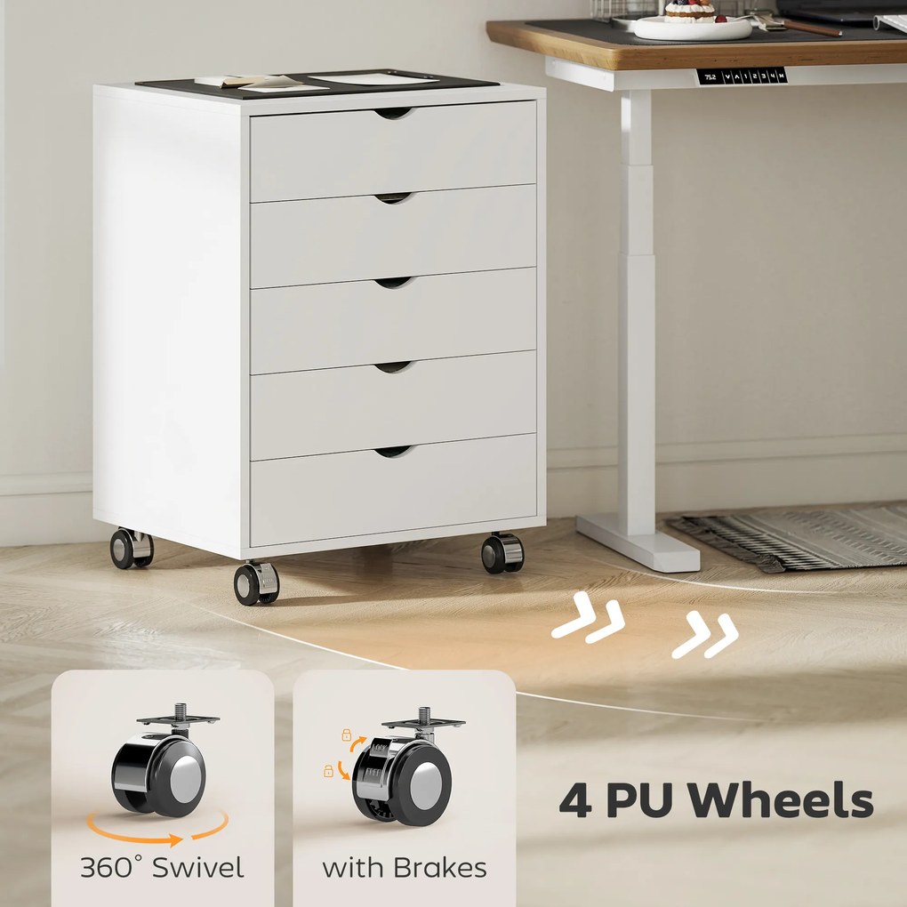 HOMCOM Dulap pentru birou cu 5 sertare pentru documente A3, pe roți și cu încuietoare, 50x40x67.5 cm, alb | Aosom Romania