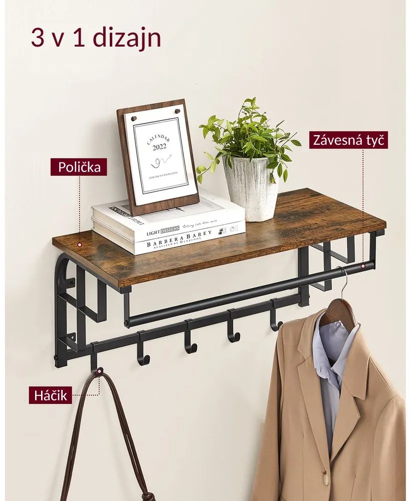 Cuier de perete HENRY, 66x30x27cm, negru/maro Vasagle