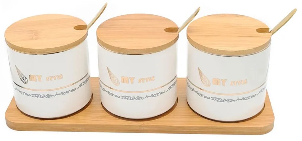 Set pentru Condimente 3 recipiente  ceramice cu lingurite si tava din Bambus, My Style