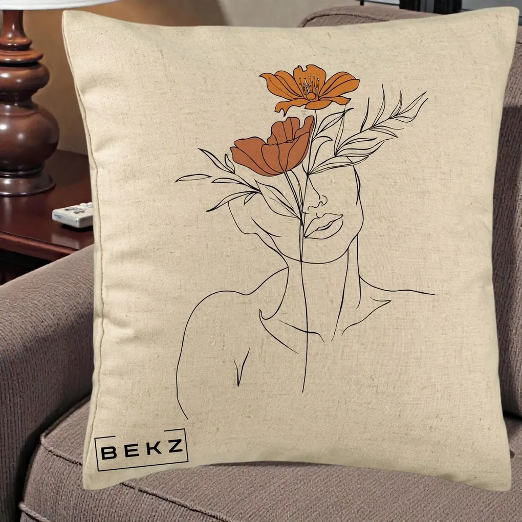 Perna Decorativa Portret Feminin Doua Flori, 40x40 cm, Bej, Husa Detasabila, Perna Inclusa, BEKZ®