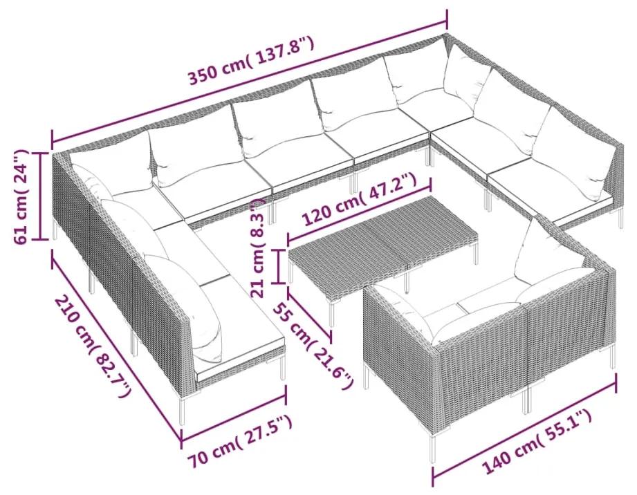 Set mobilier de gradina cu perne,12 piese,gri inchis, poliratan 4x colt + 7x mijloc + masa, 1