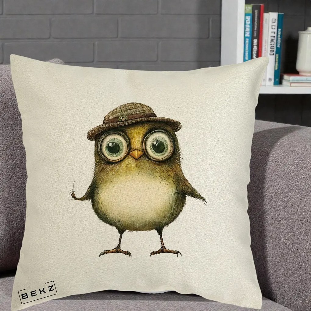 Perna Decorativa Pui Intelectual cu Palarie Tweed, 40x40 cm, Ecru, Husa Detasabila, Perna Inclusa, BEKZ®